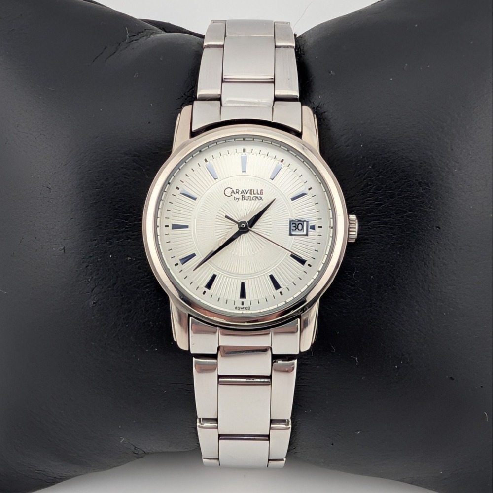 Caravelle by Bulova 43M102 Silver Guilloche Dial Date Bracelet Watch 26mm